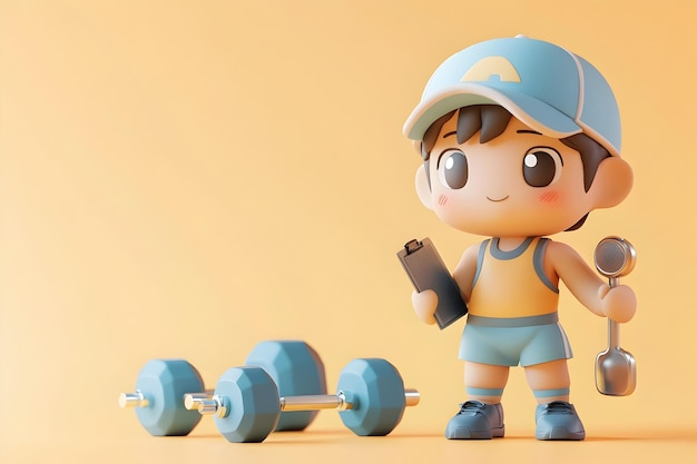 Photo chibi gym trainer holding clipboard with dumbbells on colored background