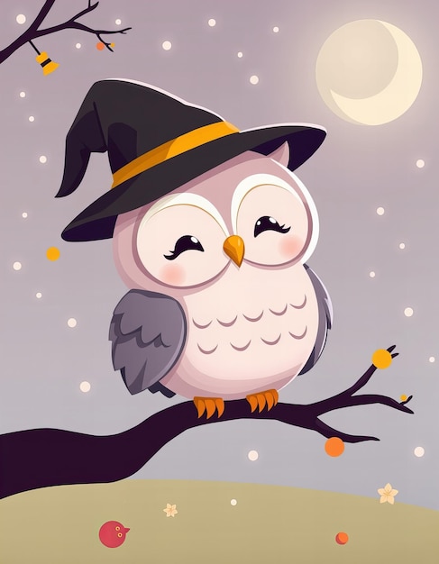 Chibi witch owl with an enchanted background