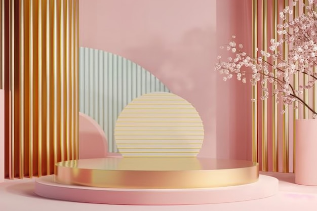 Chic 3D Display Bright Golden Pastel Podium on Abstract Geometric Background