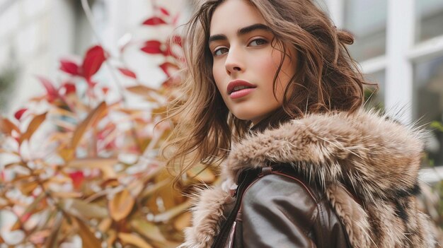 Photo chic autumn fashion model in stylish furlined jacket surrounded by fall leaves