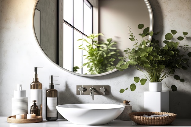 In a chic bathroom a round mirror is located over a vessel sink