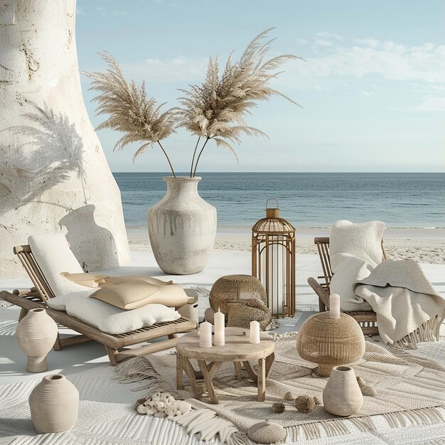 Photo chic beach chairs elegant vase and stylish candle holders create a serene coastal ambiance