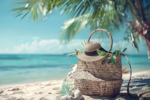 Chic beach tote with tropical accessories summer getaway idea