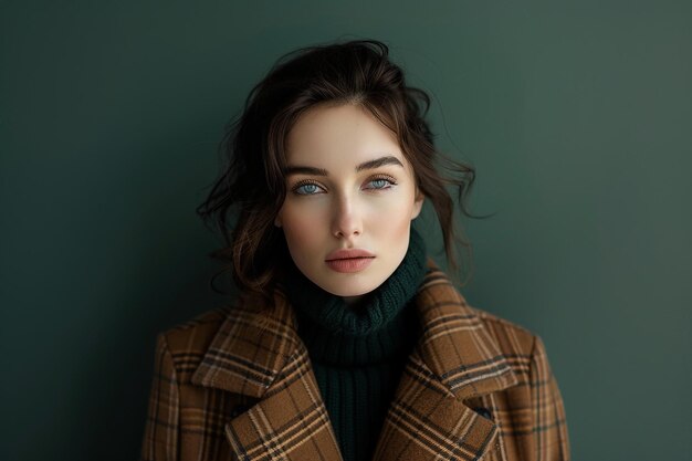 Photo chic beautiful woman in classic wool coat against solid deep forest green background contemporary lifestyle fashion portrait