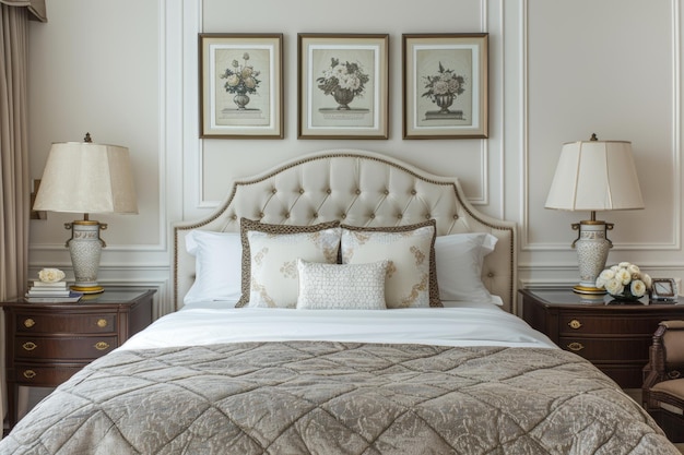 Photo chic bedroom decor featuring beige walls and luxurious brown bedding for a refined style