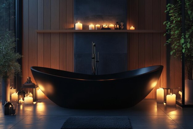 Photo chic black tub in a tranquil candlelight