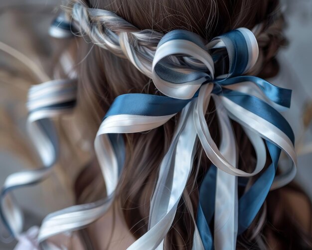 Photo chic blue and white hair ribbons in trendy coquette style high quality aesthetic image