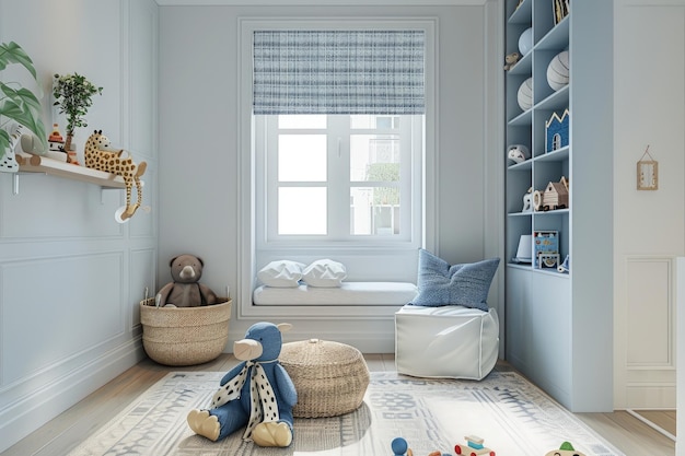 Chic blue and white kids room with toys and books