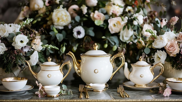 Photo chic brunch setup goldrimmed crockery including teapot sugar bowl dessert fork surrounded beautiful