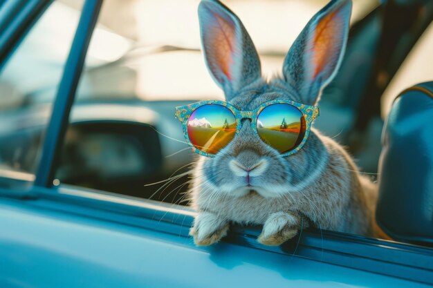 Photo chic bunny in sunglasses peeking from car window