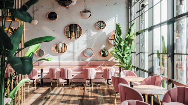 Photo a chic cafe interior featuring pink chairs round mirrors on the wall large windows letting in natural light and lush green plants adding a vibrant touch