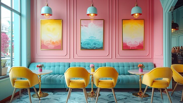 Chic cafe interior with pastel colors and modern design