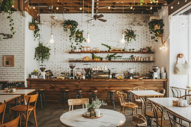 Chic cafe interior with white brick texture accent walls