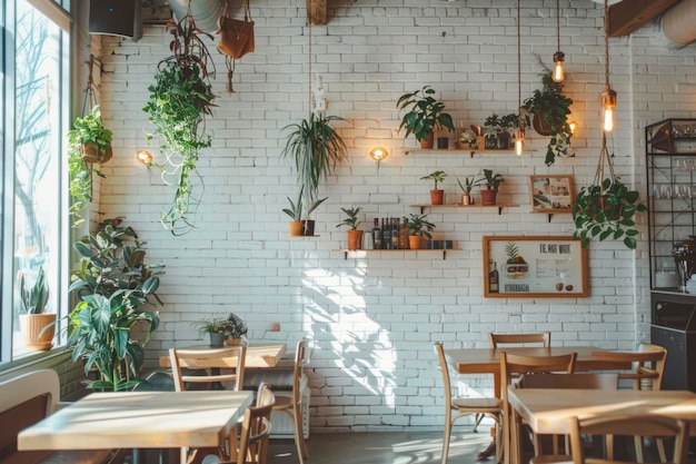 Photo chic cafe interior with white brick texture accent walls