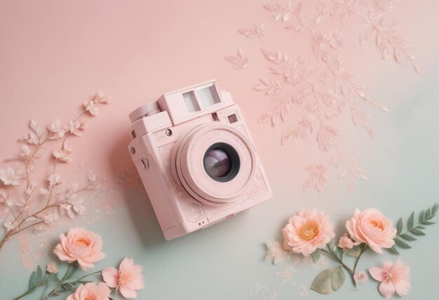 Chic Camera Against a Pink Background Surrounded by Beautiful Flowers Stylish Photography