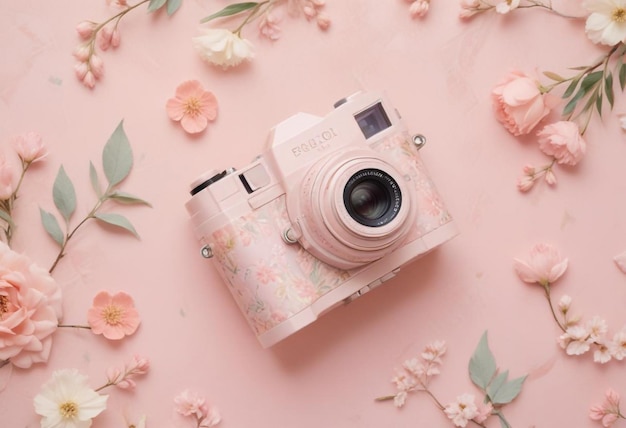 Chic Camera Against a Pink Background Surrounded by Beautiful Flowers Stylish Photography