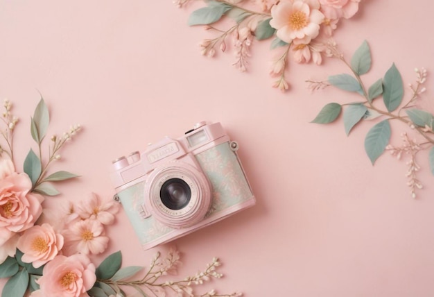 Photo chic camera against a pink background surrounded by beautiful flowers stylish photography