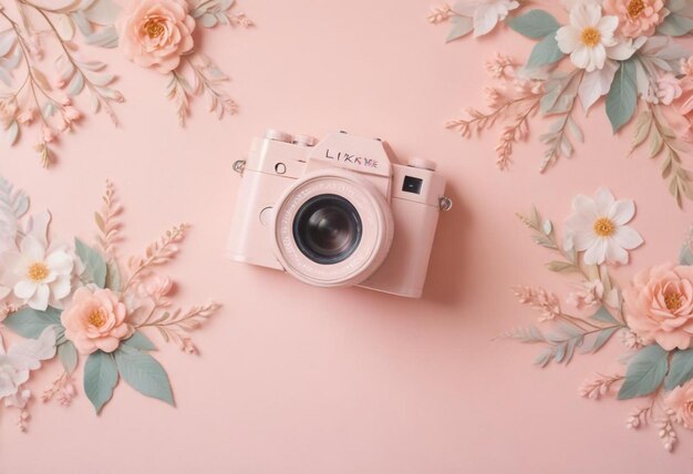 Chic Camera Against a Pink Background Surrounded by Beautiful Flowers Stylish Photography