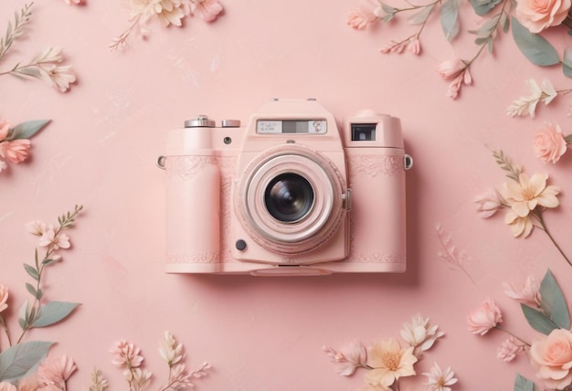 Photo chic camera against a pink background surrounded by beautiful flowers stylish photography