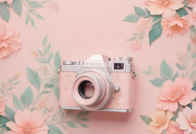 Chic Camera Against a Pink Background Surrounded by Beautiful Flowers Stylish Photography