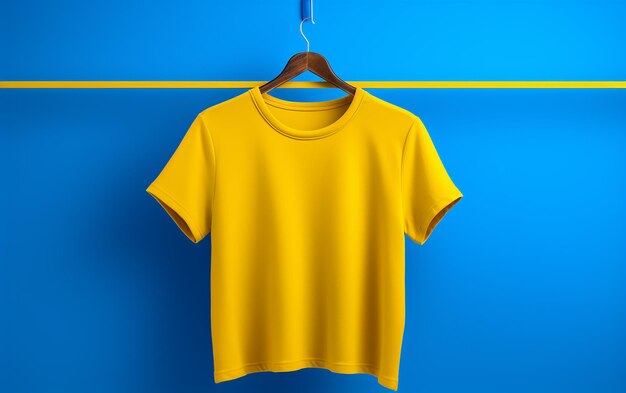 Photo chic casuals blue and yellow tshirt on wooden hanger