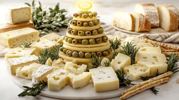 Photo a chic cheese platter with assorted cheeses and green olives ideal for celebrations