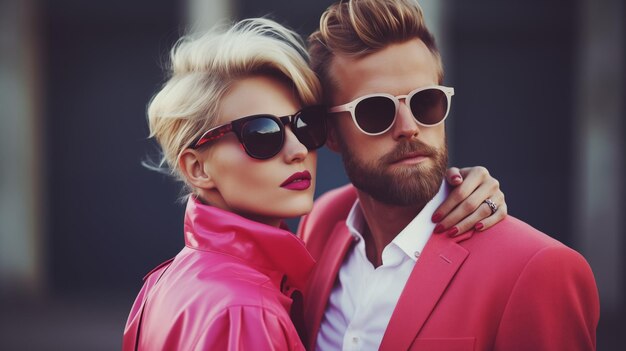 Photo chic couple in luxurious pink fashion embracing tenderly