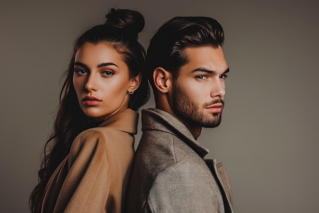 Chic fashion website header with trendy couple on grey background