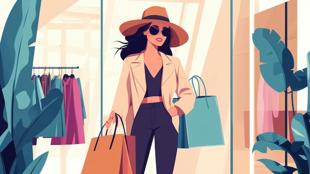 Photo chic fashionista with shopping bags and trendy outfits browsing through a highend