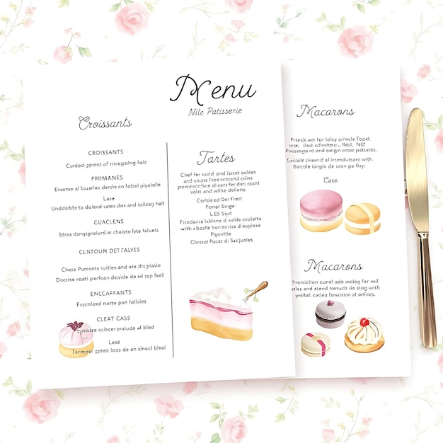 Chic French Patisserie Menu With Delicate Illustrations and Soft Menu Layout Idea For Brand DesignP