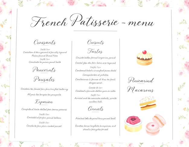 Chic French Patisserie Menu With Delicate Illustrations and Soft Menu Layout Idea For Brand DesignP