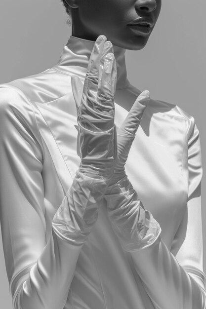 Photo chic glossy white medical gloves featured in a highfashion allwhite medical uniform shoot