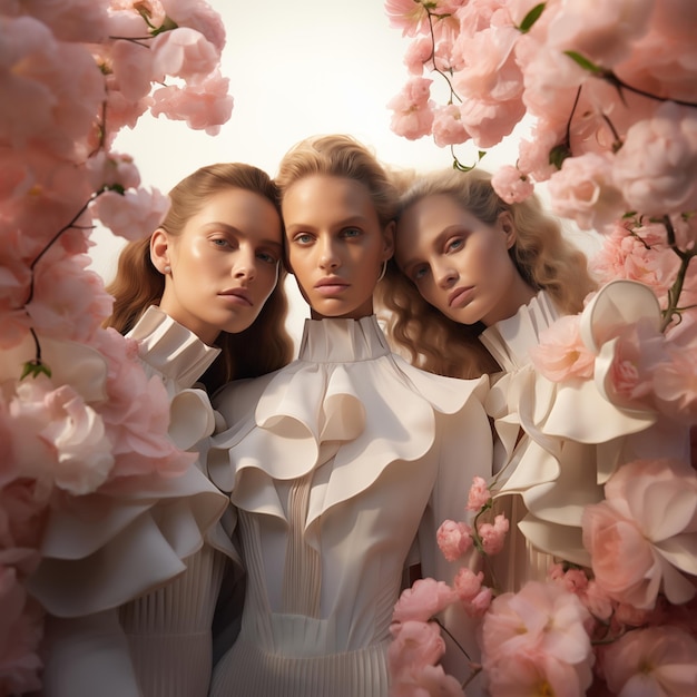 Chic group portrait of women in fancy dresses styled in the aesthetic of fashion magazines