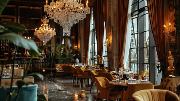 Photo chic hotel dining area featuring oversized chandeliers and velvet drapes