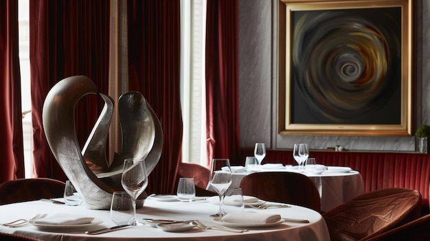 Photo chic hotel dining room featuring avantgarde sculptures and velvet curtains