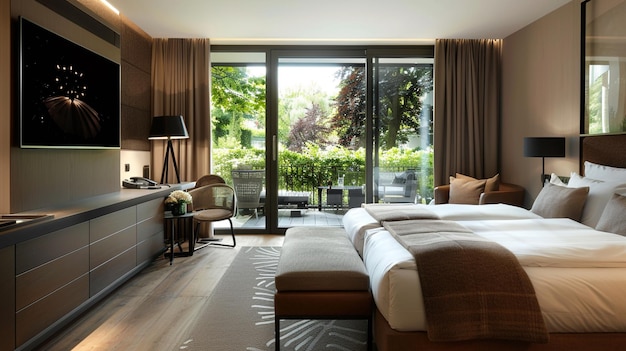 Chic hotel room features modern design with city view