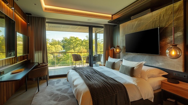 Photo chic hotel room features modern design with city view