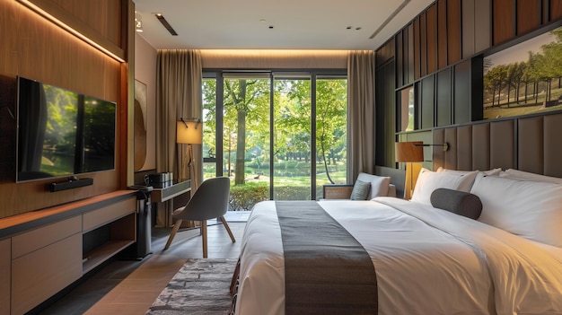 Chic hotel room showcasing modern design with city view