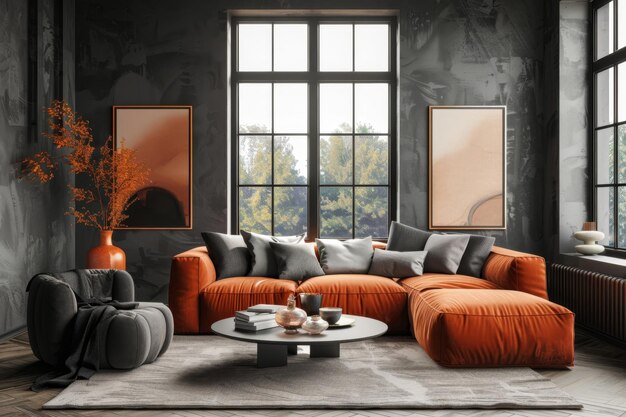 Chic Interior Design 3D Rendering of Living Room with Vibrant Furniture and Wall Art Mockup