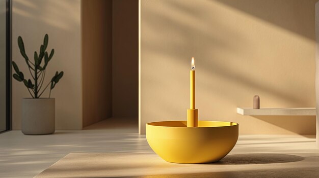 Photo chic lemon yellow minimalist candle holder in a sleek bathroom with clean lines and matte finishes