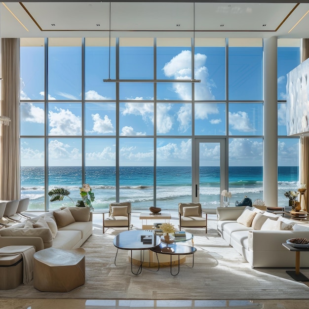 Chic living room with glass wall and ocean view