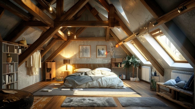 A chic loft attic bedroom concept featuring exposed wooden beams stylish furniture