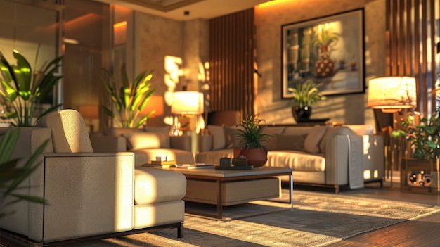 A chic lounge room featuring stylish interior design comfortable furniture and soft lighting