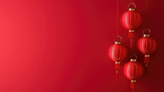 Chic Lunar New Year Decor Minimalist Red Backdrop with Stylish Hanging Lanterns and Copy Space