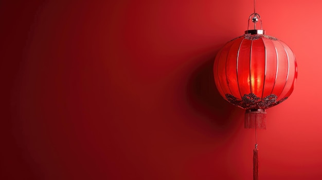 Chic Lunar New Year Decor Minimalist Red Backdrop with Stylish Hanging Lanterns and Copy Space