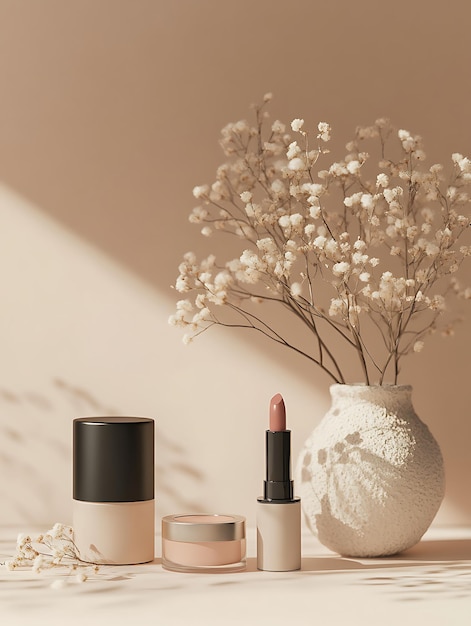 Photo chic makeup essentials on a cozy cream table