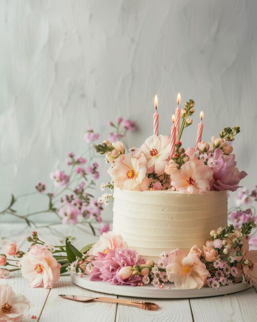 Chic minimalist birthday or wedding cake display on paper board editorial quality with delicate flow