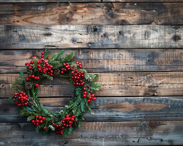 Photo chic minimalist christmas wreath and vivid red berry on appealing rustic wooden background