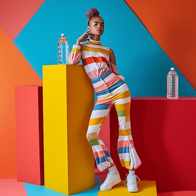 Photo chic model poses with water bottle in colorful setting