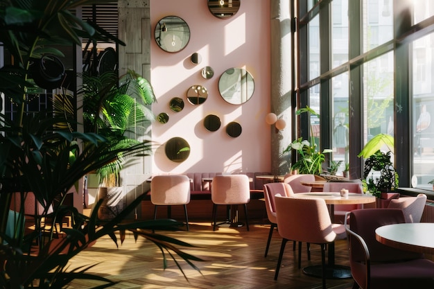 Photo a chic modern cafe with pink chairs and round mirrors on pastel walls bathed in sunlight creating a cozy stylish and inviting atmosphere perfect for a relaxed outing